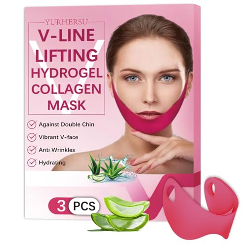 Shefave V Line Gesichtsmaske, Doppelkinn Entferner, 3pcs Hydrogel Collagen Mask mit Aloe, V-Form Face Tape Lifting Collagen Maske für Doppelkinn Straffer, Ohrhaken-Hals Masken Beauty