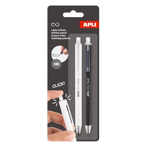 APLI 20064 - Pack de 2 Lápices Infinito gris HB retráctiles con cuerpos de color Blanco y Negro