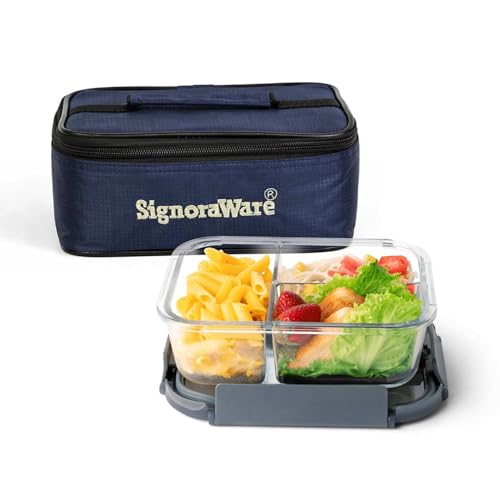 Image of SignoraWare Slim Borosilicate Glass Lunch Box With Bag | Airtight & Leakproof | Microwave Safe | Crack Resistant | Ideal for Office, Picnic & Outdoors | Great for Storing Leftovers (1 Ltr | Clear)