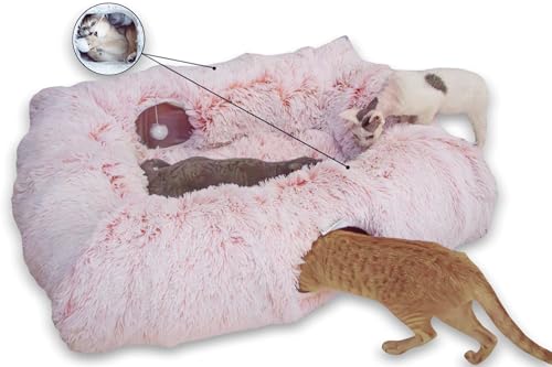 XxingSheep 4 Cave Shuttled XL Cat Tunnel Bed for Indoor Cats Peekaboo Toy Donut with Warm Mat, Pinkish White