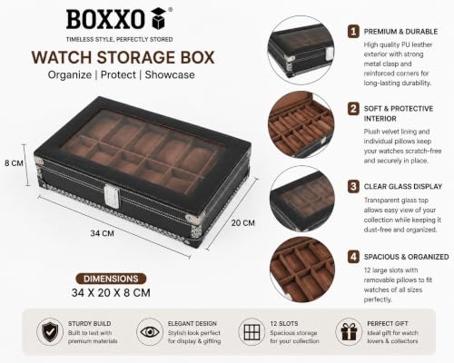 Image of BOXXO 12 Slot Watch Organizer Box for Men & Women - Premium PU Leather Watch Case (12G - Black /Tan)