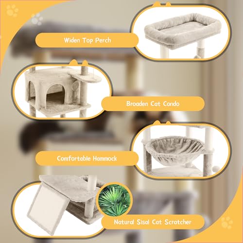 Image of Large Multi-Level Cat Tree, 66 Inches Tall Cat Tower with Scratching Posts, Condo, Hammock, Dangling Ball, and Extended Platform for Cats to Play and Sleep,Beige Cat Bed