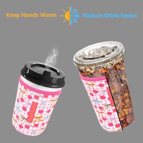 Image of Reusable Neoprene Insulator Sleeve for Iced Coffee & Cold Soda, Coffee Sleeves for Iced & Hot Drinks, Cold Beverage Cooler Compatible with Starbucks, Dunkin (Cherry Picked, Small: 16-18oz)