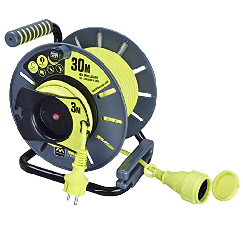 Masterplug Pro-XT Enrollacables de carrete de cable abierto de cuatro tomas con asa de bobinado, interruptor térmico e interruptor de alimentación, cable de alta visibilidad de 30+3 metros