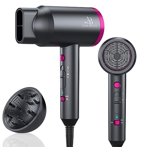 ANNE BETTY Hair Dryer with Diffuser, Blow Dryer for Curly Hair for Women/Men, 1800 Watt Ionic HairDryer, Blow Dryer with Nozzle for Fast Drying as Salon, Lightweight and Quiet