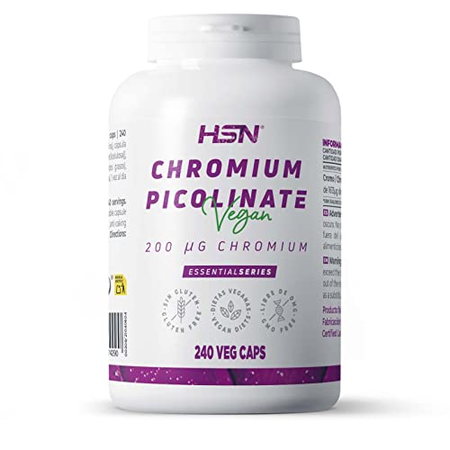 HSN Picolinato de Cromo 200 mcg | 240 Cápsulas Vegetales | 200 µg de Cromo - Mineral Elemental - por cada cápsula – ALTA Dosificación | No-GMO, Vegano, Sin Gluten ni Lactosa