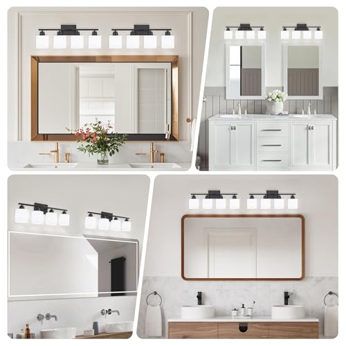 Image of 4-Light Black Bathroom Vanity Light, Light Fixtures with Milky White Frosted Glass Shades, Black Vanity Light for Bathroom Mirror, Bedroom, Living Room, Vanity Table, E26 Base