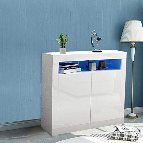 OUNUO LED Sideboard Cabinet - Cupboard with High Gloss Front and living room cabinet Sideboard Cabinet for Dining Room Bedroom (White, 2 Doors)
