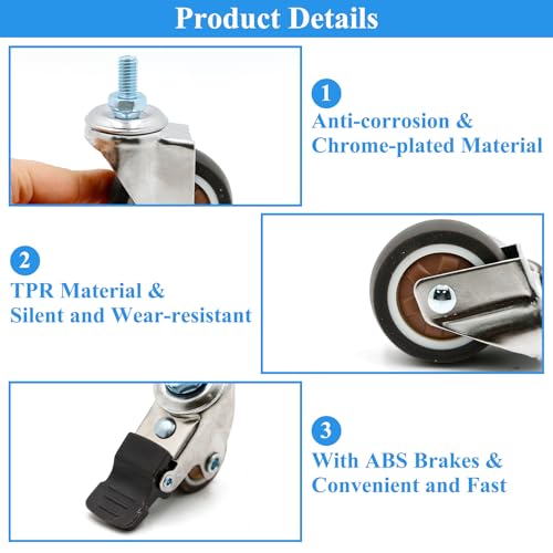 Lenkrollen für Möbel, M8 Möbelrollen Klein 2 Rollen mit Bremse und 2 Ohne Bremsen 360° Drehbar, Rutschfeste Gummirollen für Innen Außen Möbel (2 Zoll)