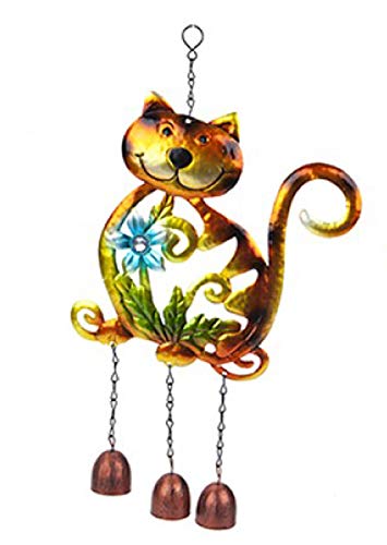 HomestreetUK Cute Cat Wind Chime Brightly Coloured Painted Metal Smiling Cat Hanging Windchime Green/Yellow or Orange/Green Diamante Gem (Orange/Green)