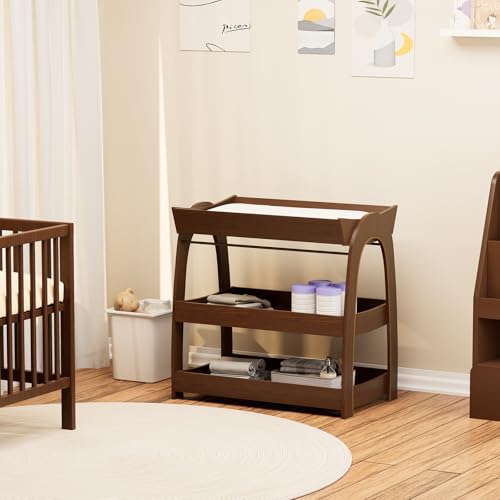 Image of Baby Changing Table, Wood Diaper Changing Table with 2-Tier Storage Shelves, Wooden Baby Changing Station for Nursery, Modern Changing Table Dresser