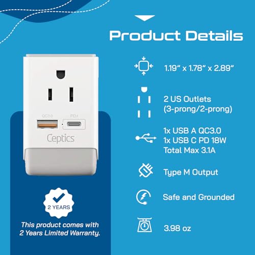 Image of Ceptics South Africa Power Plug Adapter Travel QC 3.0 & PD, Safe Dual USB & USB-C - 2 USA Socket Compact & Powerful - Use in S. Africa Botswana - Type M AP-10L - Fast Charging