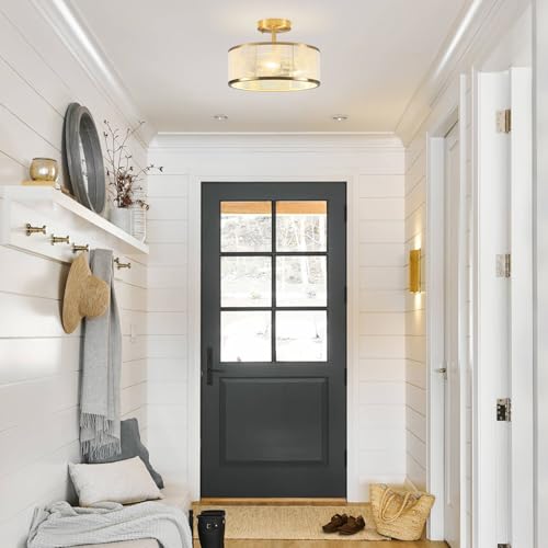 Image of Modern Semi Flush Mount Ceiling Light, 3 Light Gold Ceiling Light with Rope Shade, Drum Light Fixture for Kitchen Bedroom Dining Room Hallway Entryway