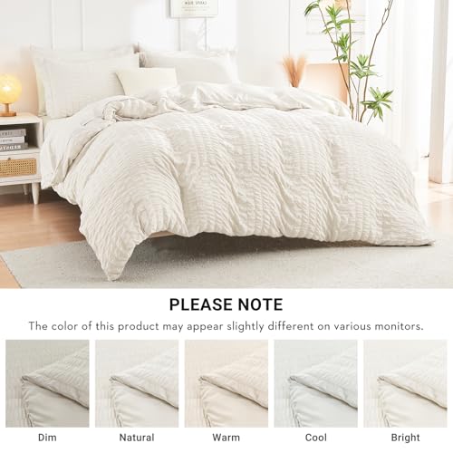 Image of HYMOKEGE Ivory Full Size Comforter Sets Seersucker 7 Pieces, All Season Luxury Bed in a Bag for Bedroom, Bedding Set with Comforters, Sheets, Pillowcases & Shams