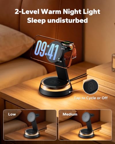 KPON 3 in 1 for iphone and Watch Charging Station, Wireless Charger Stand | 15W Desk Phone Charger for MagSafe, Nightstand Charging Dock with Light&30W Adapter, for iPhone 18 17 16/Apple Watch/AirPods - image 3