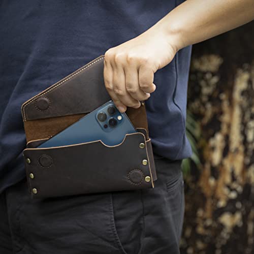 Topstache Leather Phone Holster With Belt Loop, Magnetic Closure Cell Phone Pouch Card Holder Wallet, Handmade Leather Phone Holder For Iphone 13 Pro Max,(Fits Phone With Otterbox Case On),Darkbrown #TOP5