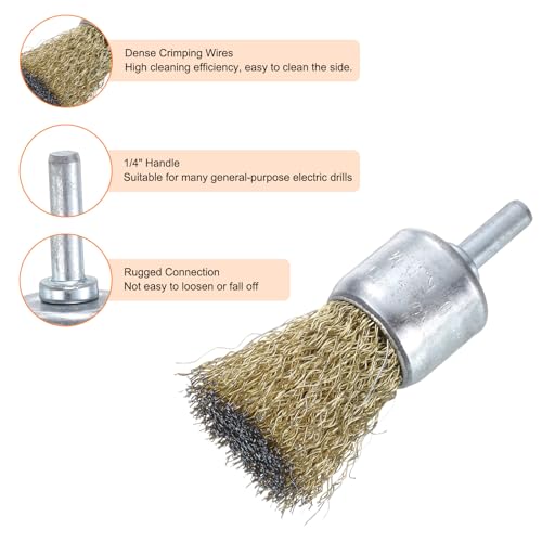 Image of uxcell 10pcs Wire Brush for Drill 1 inch Dia. Abrasive Wire Wheel 1 /4 inch Round Shank Carbon Steel Cup Brush Coarse Crimped Drill Attachment for Cleaning Rust Paint Abrasive