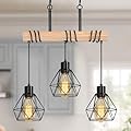 Farmhouse Dining Room Pendant Light Fixture Over Table, 3-Light Rustic Solid Wood Kitchen Island Lighting with Metal Shades, Modern Black Linear Chandelier for Pool Table