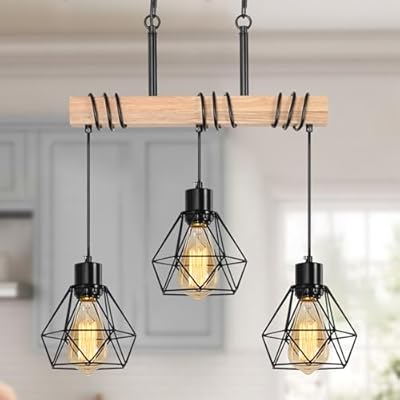 Farmhouse Dining Room Pendant Light Fixture Over Table, 3-Light Rustic Solid Wood Kitchen Island Lighting with Metal Shades, Modern Black Linear Chandelier for Pool Table