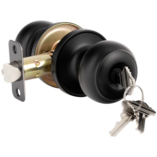 HOSOM Door Knob with Lock and Key Keyed Entry Door Knob Exterior and Interior Door Lock for Front Door Commercial and Residential Area Entry Door Handle for Bedroom and Bathroom Matte Black