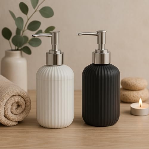 Image of LAGET 300ml Soap Dispenser for Wash Basin -Ribbed Design | Kitchen and Bathroom Accessories Items | Liquid Handwash Dispenser Bottle Chrome Finsih Top- Set of 2 (White and Black)