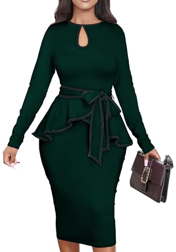 Women Dress Elegant Peplum Business Dresses Sexy Split Long Sleeve Bodycon Knee Length Formal Pencil Back Zipper Dress(Dark Green,L)