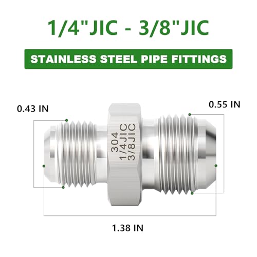 Image of TAISHER 2PCS Forging of 304 Stainless Steel JIC Flare Tube Fitting, 3 /8 inch JIC Male x 1 /4 inch JIC Male, Union