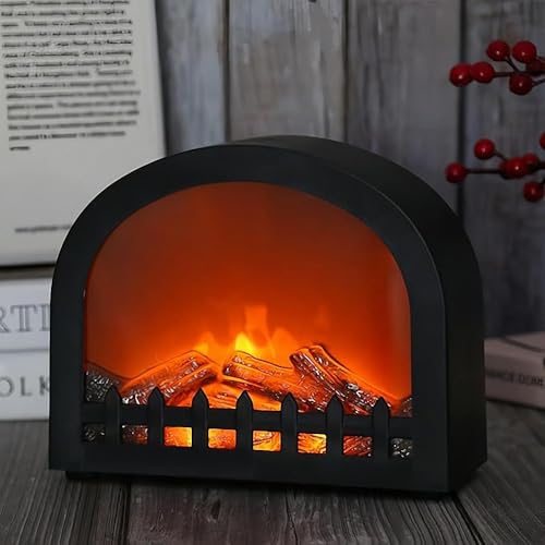 Image of Small Cozy Fireplace Lantern Traditional Realistic Log Wood Burning Flame Effect Ligh LED Charcoal Style Table LampFor Indoor & Outdoor Use
