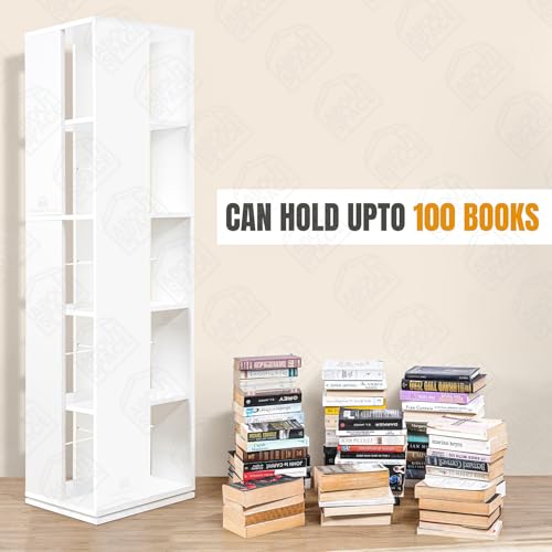Image of ABOUT SPACE Rotating Book Shelf for Home Library - 5 Tier 360 Book Rack | DIY Wooden Book Stand with Partition & Bottom Turnplate for Office, Livingroom, Bedroom (White - L 38 x B 38 x H 150 cm)