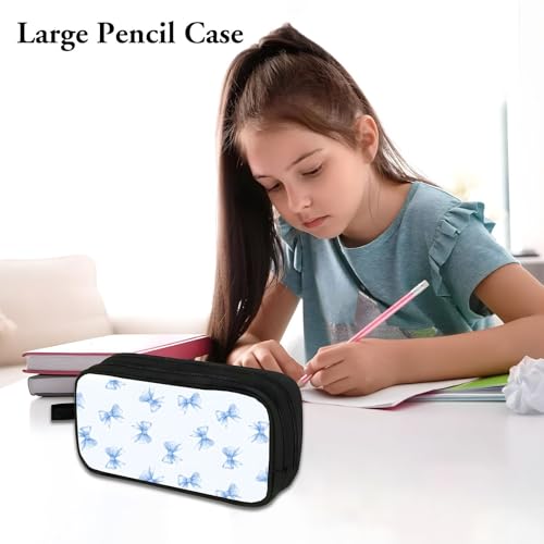 Image of WOBAGMEN Double Layer Pencil Case with Handle Large Pencil Bag Cute Print Pencil Pouch for Boys Girls (Blue Bow)