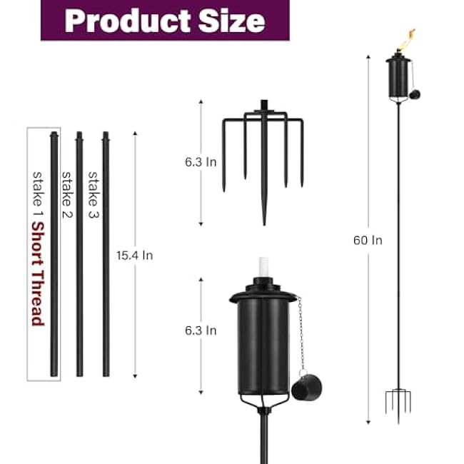 4-Pack Garden Metal Torches, 60 Upgraded Citronella Torches with 5-Prong Grounded Stakes, 16 oz Heavy-Duty Outdoor Torch Lights for Patio, Pathways, and Parties (Ultra-Stable Design)