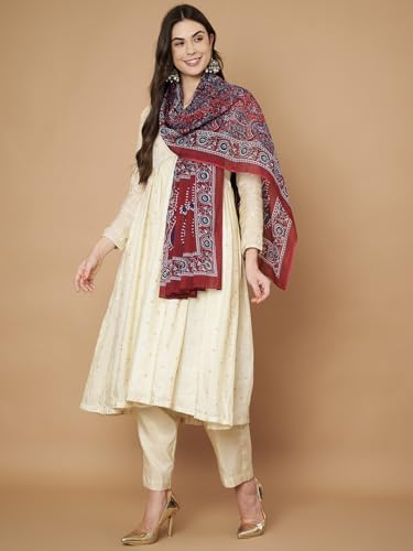 Image of Women's Cotton Blend Floral Print Dupatta with 2.20 Meters | Women's cotton printed dupatta with tassels