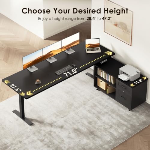 Image of OffiGo 71 Inch L Shaped Electric Standing Desk with Cabinet Sets, Black | Mobile Drawers & File Cabinet Sets for Flexible Layout, Height Adjustable Executive Stand Up Desk for Home Office Workstation