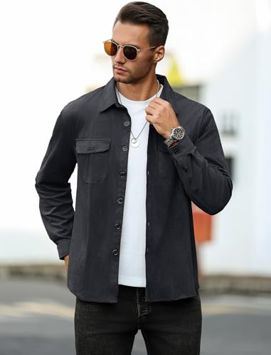 Image of ZAFUL Men's Faux Suede Button Down Shirts Jacket Lightweight Shirt Jacket Long Sleeve Work Coat Solid Color Overshirt