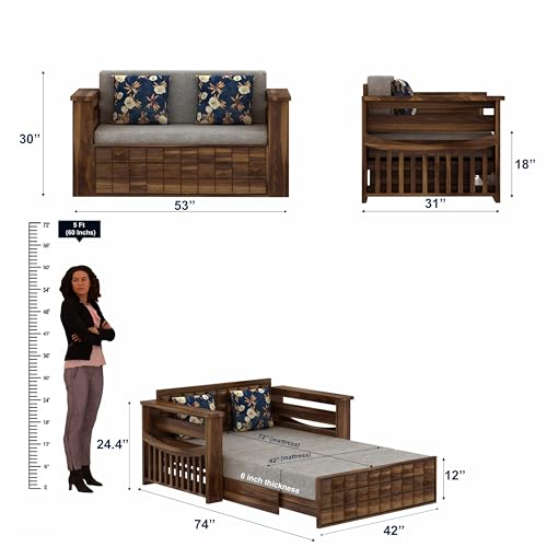 Image of Ganpati Arts Sheesham Wood Oslo 2 Seater Diamond Sofa Cum Bed with Storage and Side Pockets for Living Room Wooden Sofa Cum Bed Home Furniture 1 Year Warranty (Teak Finish)