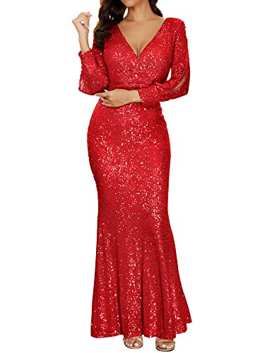 Image of Women's V Neck Long Sleeve Glitter Sequins Mermaid Evening Gown Dress