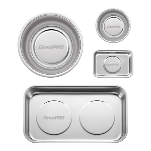 GRENPRO Magnetic Tray 4-Pack | Stainless Steel Magnetic Parts Trays | 3 Inch 6 Inch Square & Shallow Tray Set