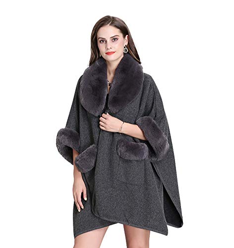 FOLOBE Women Faux Fur Cloak Poncho Cape (Dark Grey)