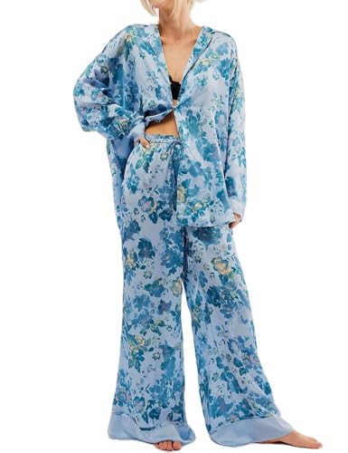 Image of Arssm Satin Pajama Set for Women Silk Pajamas Set 2 Piece Floral Pj Set Long Sleeve Button Down Pjs Sleepwear