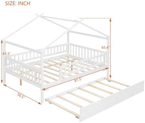 Miniatura 2 de Cama de casa con nido y valla, camas de tamaño matrimonial estilo Montessori con barandillas, marco de cama de madera para niños, niñas, niños,