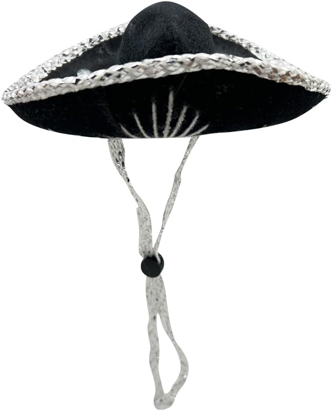 YAJUA Mini Small 6-Inch Authentic Made in Mexico Mariachi Black Hat with Silver Stitching - Mexican Charro Sombrero for Fiesta Themed Parties or Small Dog/Cat Costume (Black)