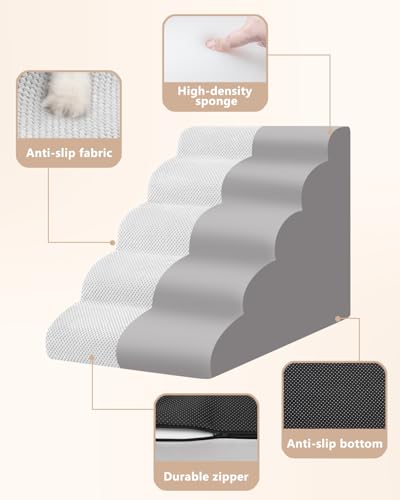 Image of Aodisman Dog Stairs for High Beds,5 Step Pet Ramp for Dogs and Cats,22.4 inch H | High-density foam dog steps for beds and window sills, with a non-slip bottom for puppy and older cat,comfortable,Light Grey
