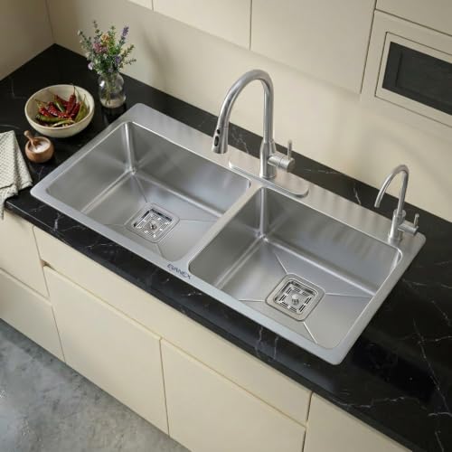 Image of EVANEX Double Bowl Kitchen Sink with Tap Hole 45x20x10 inch Double Sink for Kitchen 304 Stainless Steel Handmade Kitchen Sink Including Couplings, Waste Pipe, Connector and Drain Basket