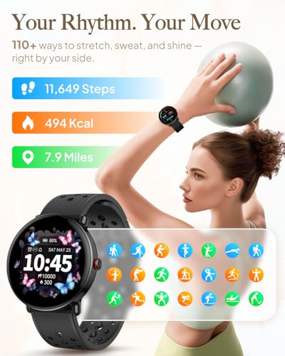 Image of Smart Watch for Women Men, for Android iOS with Sleep & Calorie Monitor, Pedometer Fitness Tracker, Bluetooth Call, IP68 Waterproof, 112+ Sport Modes Round Face Smartwatch (Black)