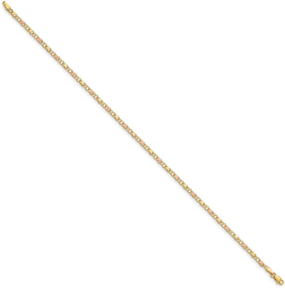 Solid 14k White and Yellow Gold Two Toned and Rose X's and Hearts Anklet - with Secure Lobster Lock Clasp 10"