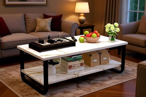 Image of Engineered Wood Coffee Table with Metal Base & 2 Tier Storage | Modern Rectangle Center Table for Living Room Sofa Set | Easy DIY Assembly (90 x 48 x 48 cm) (White Black)