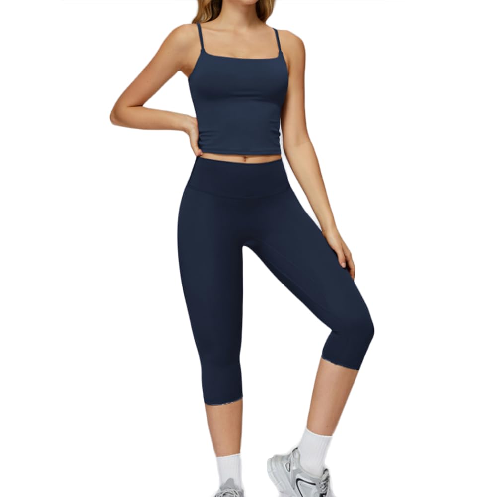 XYFfybhsd High Waist Biker Shorts Workout Sets for Women Beauty Back Bra 2pcs Yoga Fitness (Size:L,Color:Dark blue)