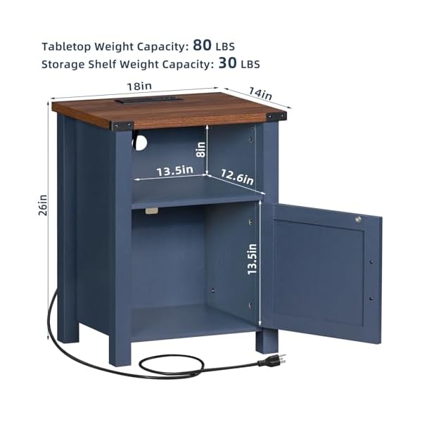 Night stand with charging station and usb port 18 inch farmhouse nightstand with storage shelf rustic couch end table with magnetic door wood bed side tables for bedroom home nayv blue  urban country home decor