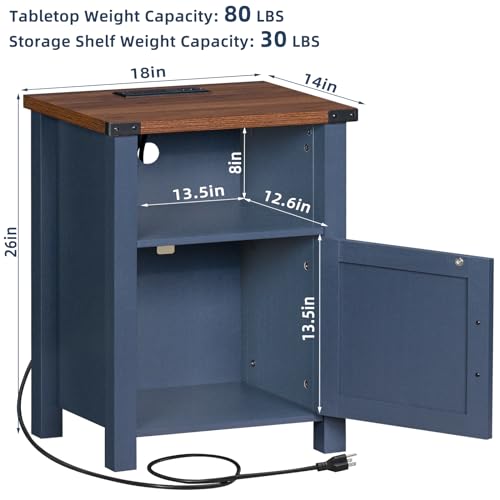 Farmhouse Nightstand with USB Port and Storage Shelf, Rustic End Table for Bedroom - Navy Blue