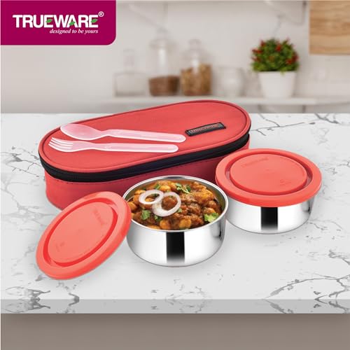 Image of Trueware Classic Lunch Box | 2 Containers | 300 Ml Each | Stainless-Steel Leak-Proof Containers | Red | Light Weight | Dishwasher Safe | Easy to Carr (Classic Red BAZ)